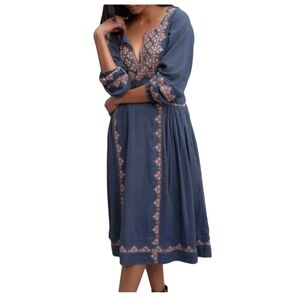 Roberta Roller Rabbit Blue Midi Dress with Pink Embroidery